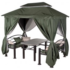 Беседка Уютная зеленая с обеденным столом, лавочками, сетки и шторы